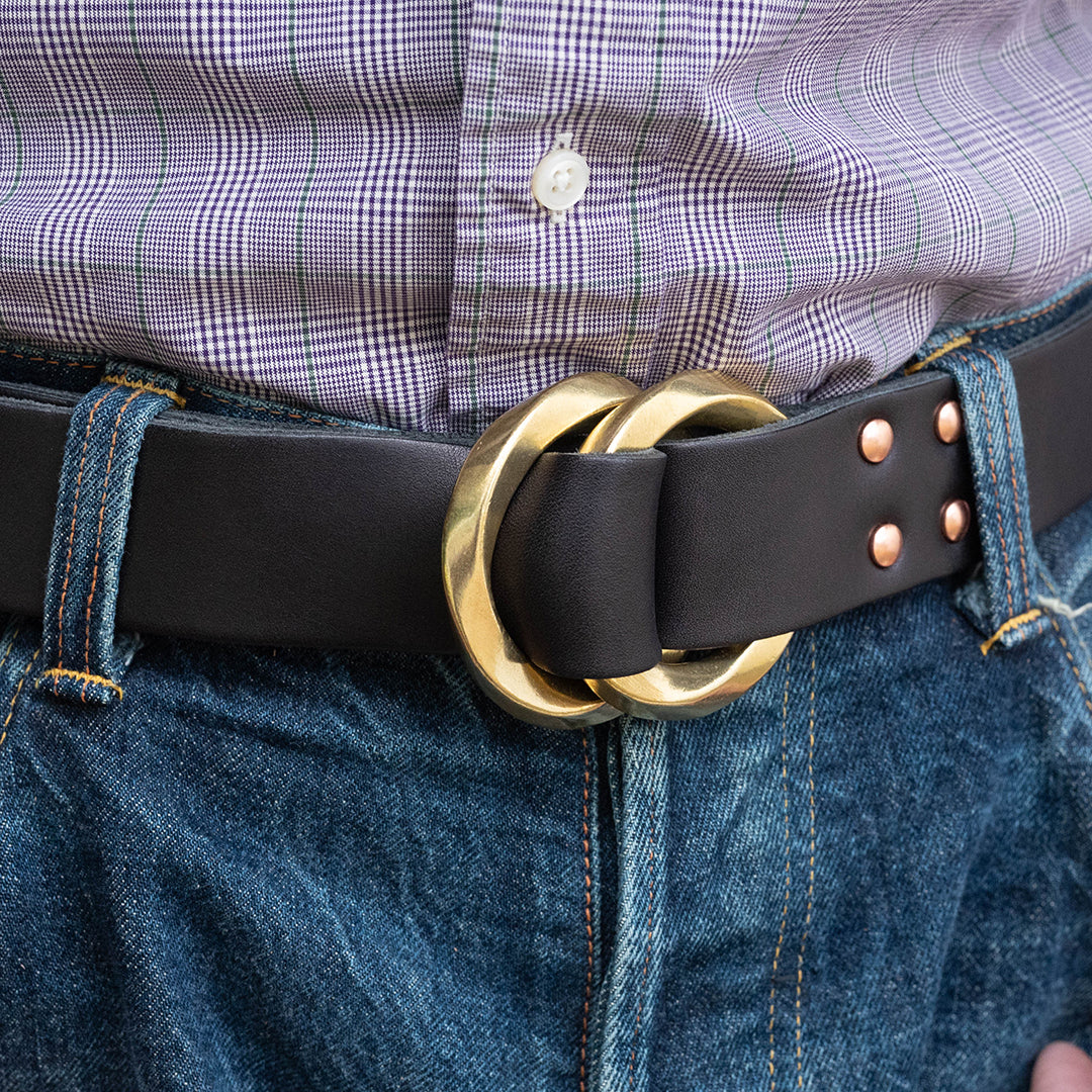 Lot.9910 "365" Brass W Twist Rings Leather Belt (Black)
