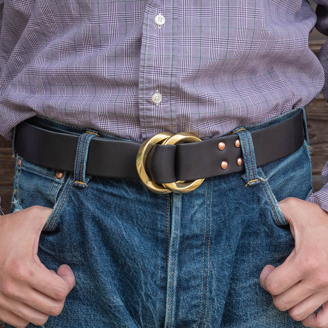 Lot.9910 "365" Brass W Twist Rings Leather Belt (Black)