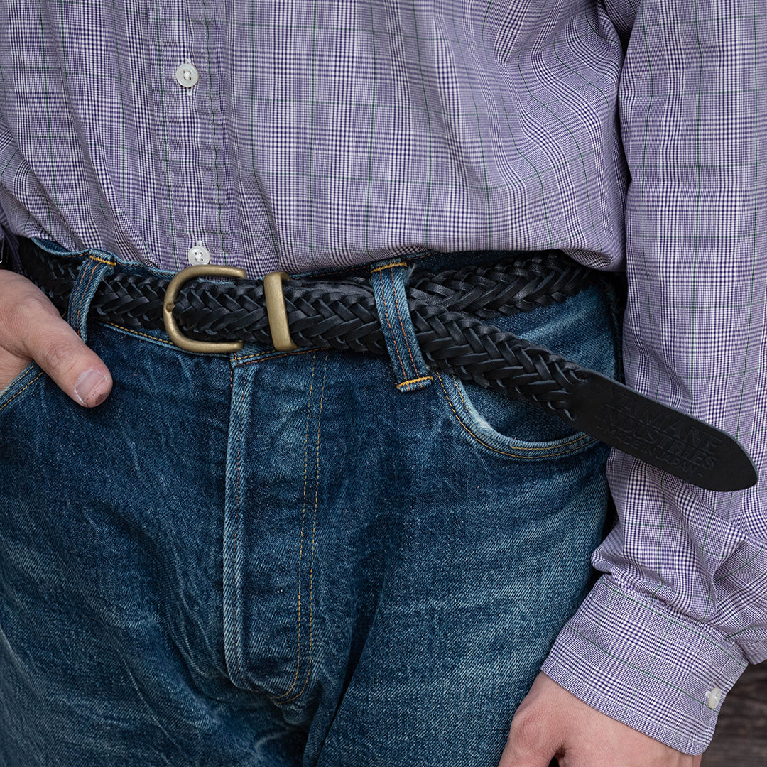 Lot.9915 "Valley" 30mm Steer Hide Leather Braided Belt (Black)