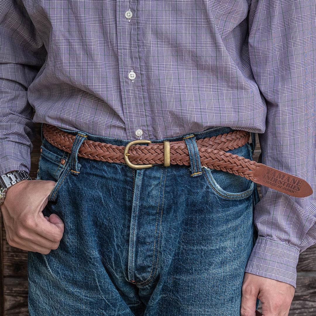 Lot.9915 "Valley" 30mm Steer Hide Leather Braided Belt (Choco)