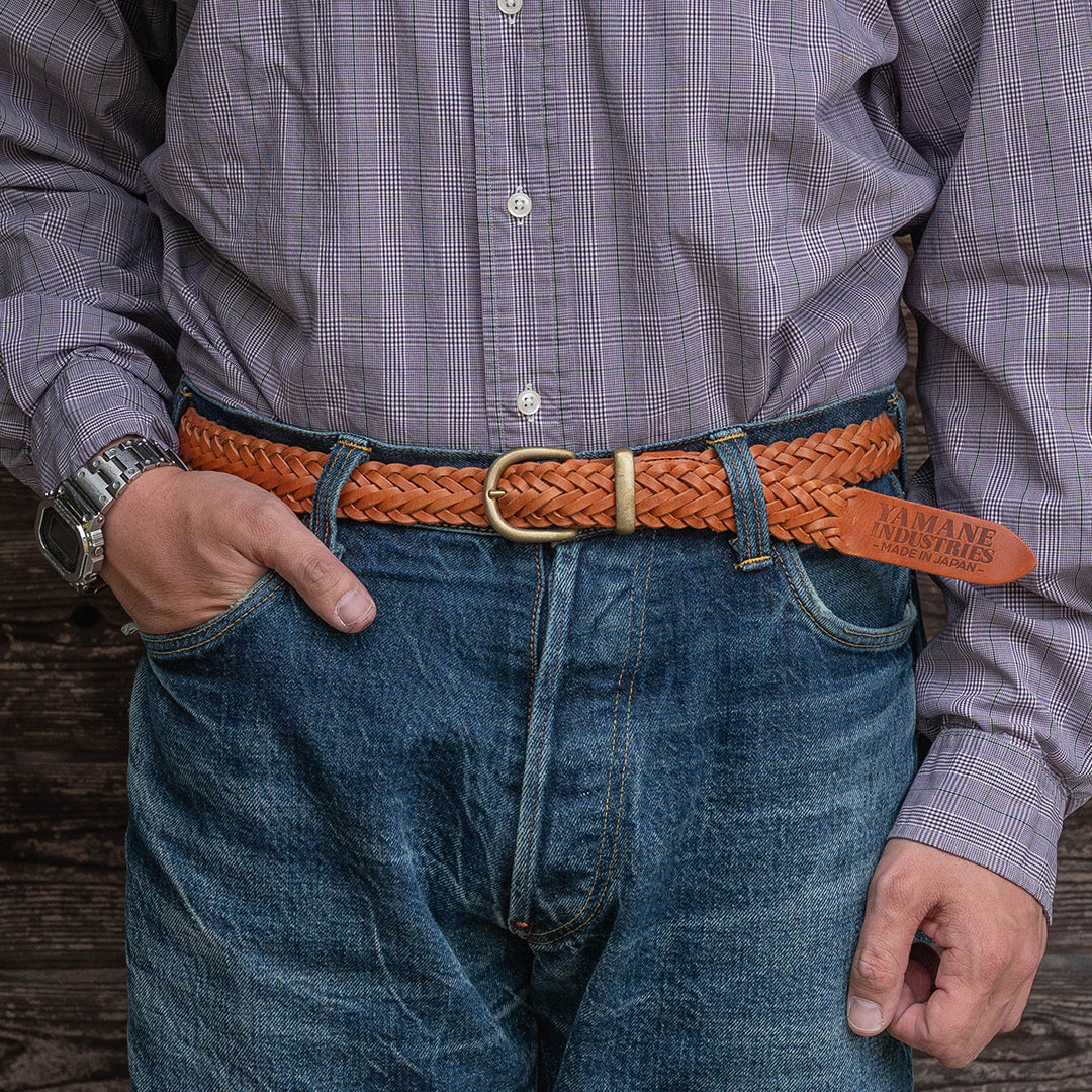 Lot.9915 "Valley" 30mm Steer Hide Leather Braided Belt (Camel)