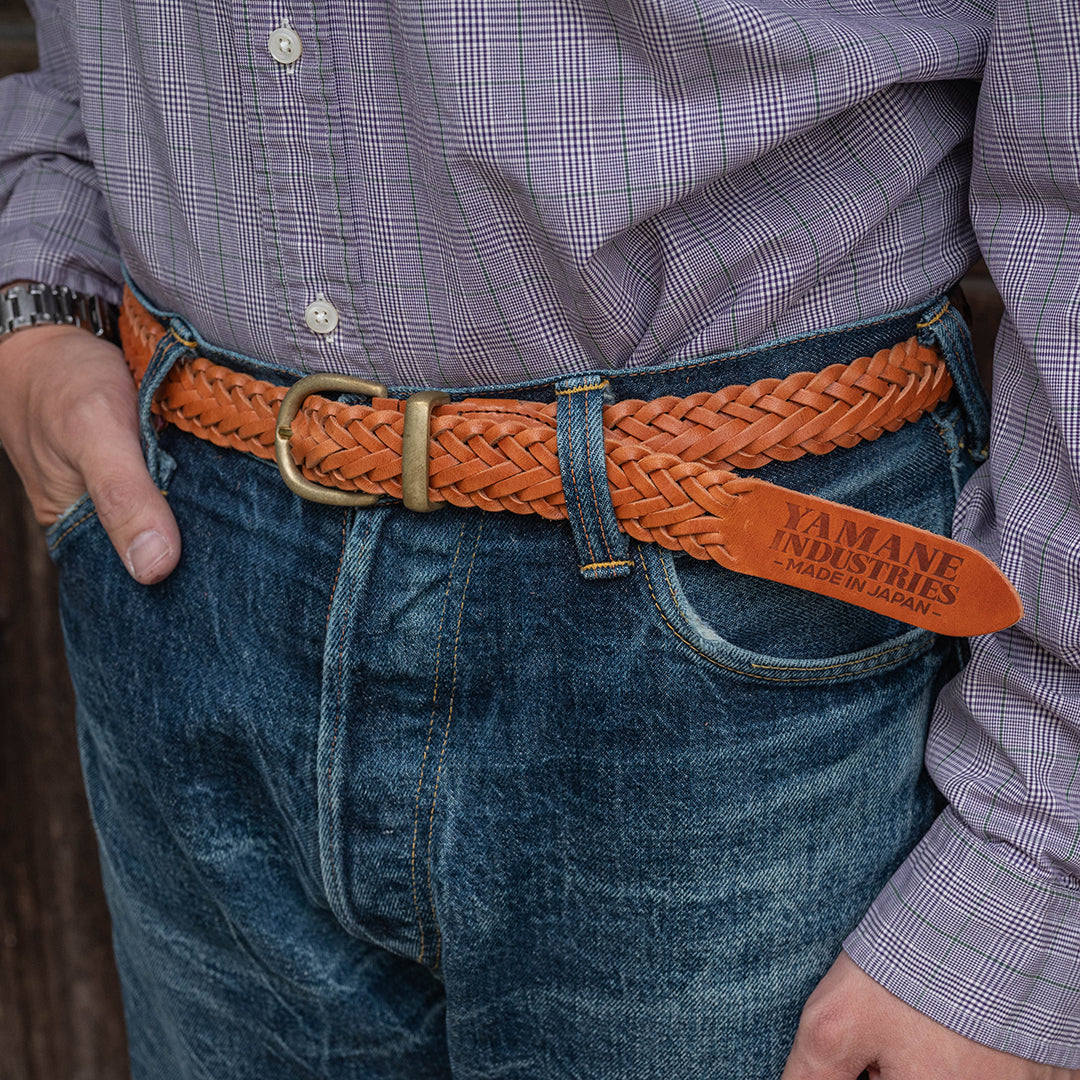 Lot.9915 "Valley" 30mm Steer Hide Leather Braided Belt (Camel)