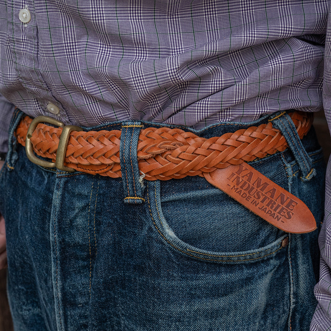 Lot.9915 "Valley" 30mm Steer Hide Leather Braided Belt (Camel)