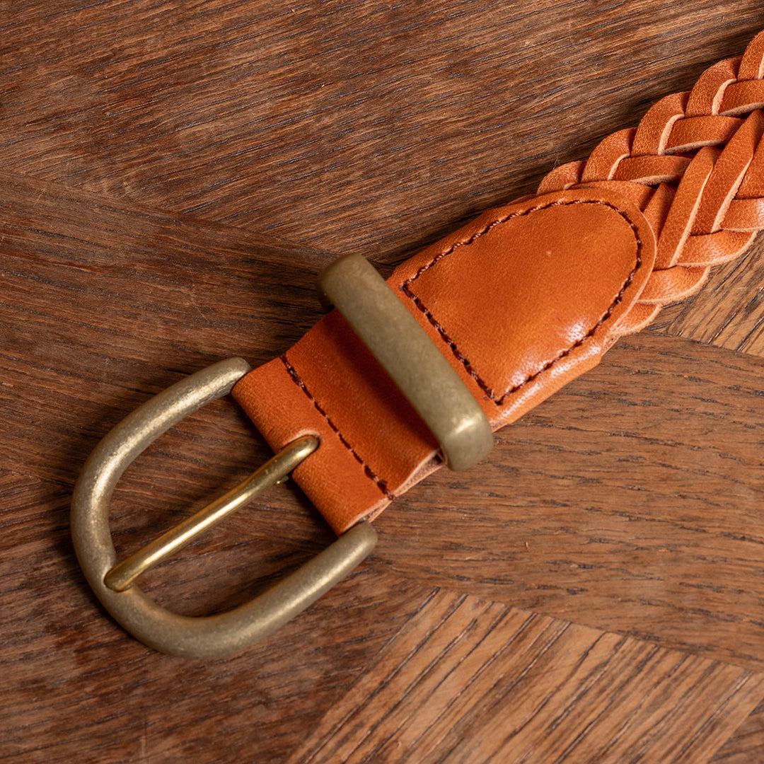 Lot.9915 "Valley" 30mm Steer Hide Leather Braided Belt (Camel)